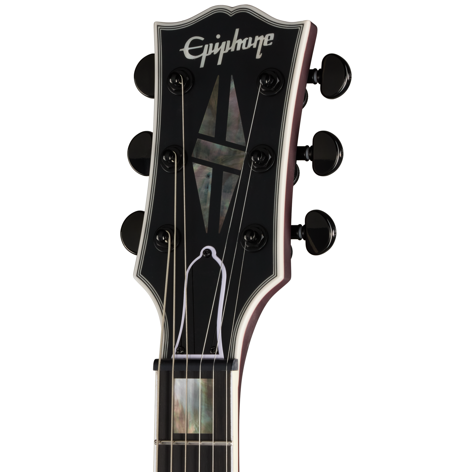 Gitarrenkopf, E-Gitarre, schwarzes Finish, Perlmutt-Einlage, sechs Mechaniken